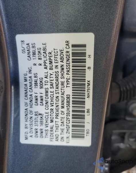 2018 Honda Civic Lx из США, поврежденный, VIN 2HGFC2F59JH568083